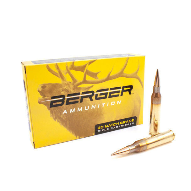 Box of Berger 338 Lapua Magnum, 300gr Elite Hunter ammunition, model 81050, with two cartridges displayed, on a white background.