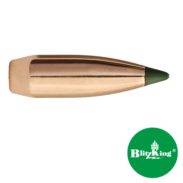 Close-up image of a Sierra 6mm 70 grain BlitzKing bullet, product number 1507. This bullet features a sleek copper body with a distinct green polymer tip, shown against a white background with the BlitzKing logo prominently displayed.