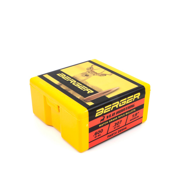 Vibrant yellow and red box of Berger 6.5mm, 140gr VLD Hunting bullets, product number 26504, containing 100 rounds. The box features a dynamic design with a hunter image on the top label, indicating its use for hunting. The side panels provide detailed specifications and the red color band enhances visibility, emphasizing the bullet's high-performance capabilities for precise long-range hunting.