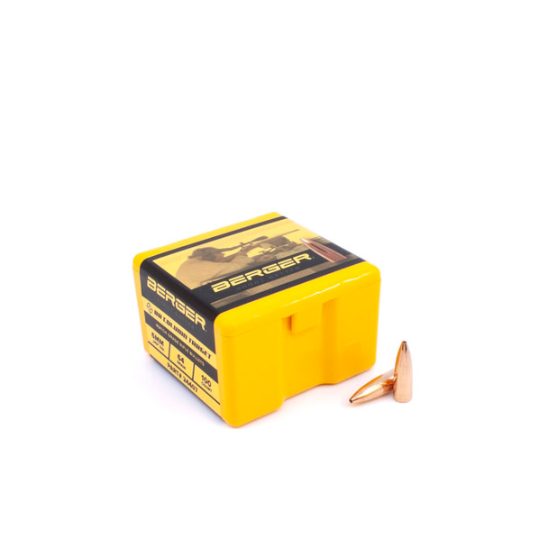Bright yellow box of Berger 6mm, 64gr BR Column Target bullets, product number 24407, containing 100 rounds. The packaging is designed with a yellow top and black label, featuring a silhouette of a shooter, indicating the bullet’s use in target shooting. Two bullets are displayed beside the box, showcasing their unique column-shaped tips and brass casings, emphasizing their specialized design for precision and stability in shooting competitions.