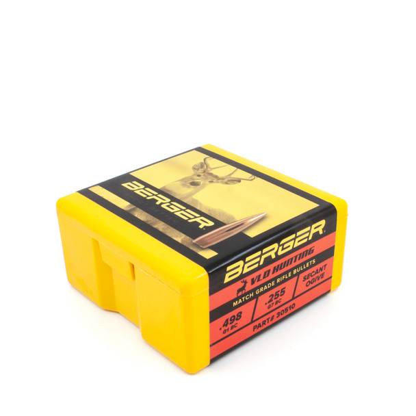 Bright yellow and red box of Berger .30 Caliber, 168gr VLD Hunting bullets, product number 30510, containing 100 rounds. The box features a top label with a hunting scene, underlining the bullet's effectiveness for hunting. The design integrates yellow for visibility and red for key details, highlighting the bullet's specifications and intended use for precision hunting applications.