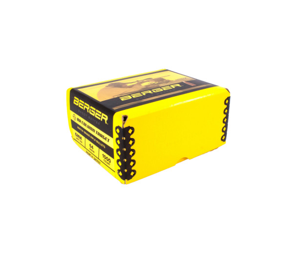 Bright yellow box of Berger 6mm, 64gr BR Column Target bullets, product number 24707, containing 1000 rounds. The box is vividly colored with black detailing and features bullet illustrations on the sides, highlighting the columnar shape of the bullets designed for benchrest target shooting. The top label includes an image of a competitive shooting scene, emphasizing the bullet's precision and consistency for competitive sports.