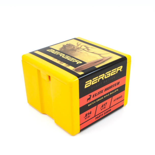 Bright yellow and red box of Berger .338 Caliber, 300gr Elite Hunter bullets, product number 33556, containing 100 rounds. The packaging features a hunter in a camouflaged setting on the top label, highlighting the bullet’s suitability for elite hunting scenarios. The box is designed with clear, bold black and red labeling that details the bullet specifications, emphasizing its precision and effectiveness for big game hunting.