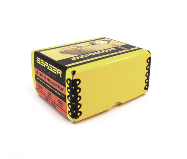 Bright yellow box of Berger 7mm, 195gr EOL Elite Hunter bullets, product number 28750, containing 500 rounds. The box features black detailing and bullet illustrations on the side, emphasizing the product's use in extreme long-range hunting. The packaging is designed for visibility with clear labeling of the bullet specifications and intended use, highlighted by the bold yellow and red color scheme.