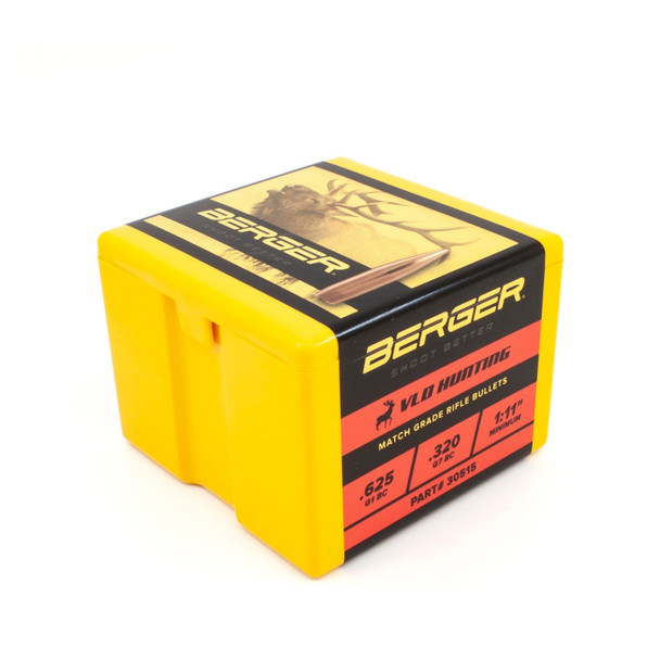 Bright yellow and red box of Berger .30 Caliber, 210gr VLD Hunting bullets, product number 30515, containing 100 rounds. The box features a top label with a hunter in a camouflage setting, emphasizing the bullet’s design for hunting. The vivid yellow base and red detailing with black text provide clear visibility and detail the bullet’s specifications and intended use, highlighting its precision and effectiveness for hunting applications.