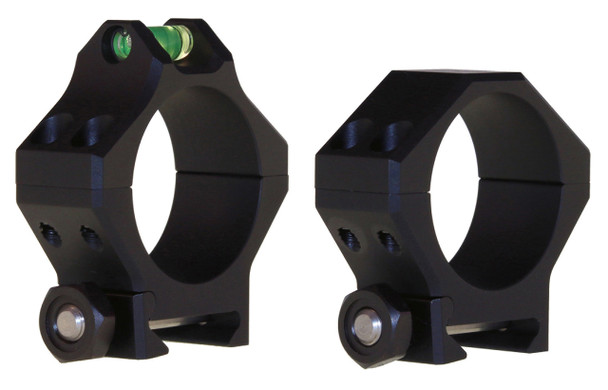 Hawkins Precision 30mm Low Scope Ring Set, model number 901-0001, with a height of .885 inches, shown in matte black finish. These robust scope rings feature a built-in bubble level for precision aiming, displayed in a side-by-side view to emphasize their sturdy construction and alignment features, ideal for secure scope mounting.