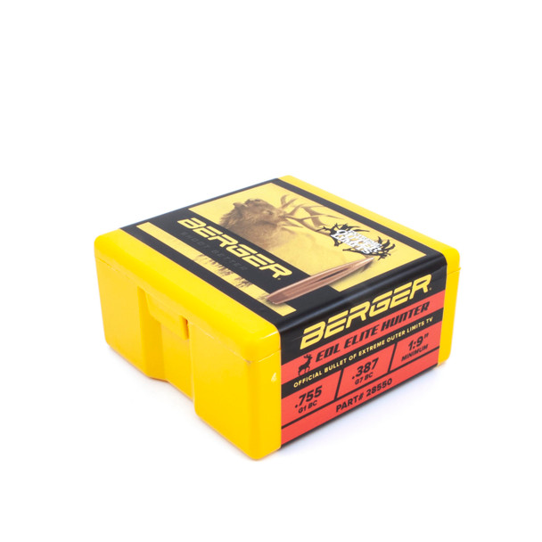 Vibrant yellow and red box of Berger 7mm, 195gr EOL Elite Hunter bullets, product number 28550, containing 100 rounds. The packaging features a graphic of a deer in a natural setting on the top, highlighting the bullet's application for elite hunting. Detailed bullet specifications and the product's intended use are prominently displayed on the side panels, with a clear layout for easy identification and selection by hunters.