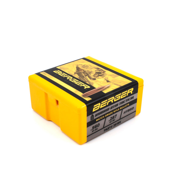 Bright yellow and black box of Berger 6.5mm, 130gr AR Hybrid OTM Tactical bullets, product number 26195, containing 100 rounds. The box features a label with a silhouette of a tactical shooter, emphasizing the bullet’s design for tactical applications. The box is detailed with red and black text outlining the bullet specifications and usage, designed to be highly visible and informative for users seeking precision and reliability in their tactical shooting needs.