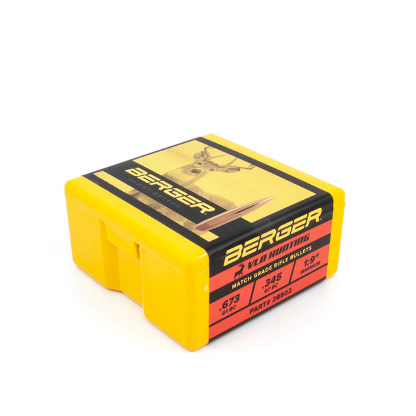 Bright yellow and black box of Berger 7mm, 180gr VLD Hunting bullets, product number 28502, containing 100 rounds. The box features a label with an image of a hunter, emphasizing the bullet’s design for long-range hunting. The vivid yellow packaging with red and black text outlines the bullet specifications and use, making it easily identifiable and informative for hunters seeking precision and effectiveness.