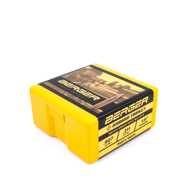 Yellow plastic box of Berger Bullets, labeled for 6.5mm, 140gr Hybrid Target, product number 26414. The box contains 100 bullets, featuring an image of a target shooting scene on the top, emphasizing precision and performance in competitive shooting.