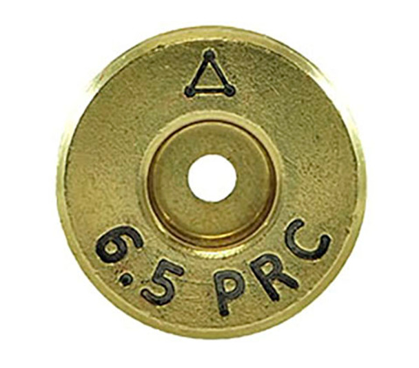 Detailed view of the base of a 6.5 Precision Rifle Cartridge (PRC) from ADG Brass, featuring the engraved headstamp '6.5 PRC'. The brass is highlighted by a visible anneal line around the primer hole, signifying a meticulous heat treatment process to enhance durability and performance. Ideal for product listings targeting long-range shooters and ammunition collectors in a 50-piece box set.