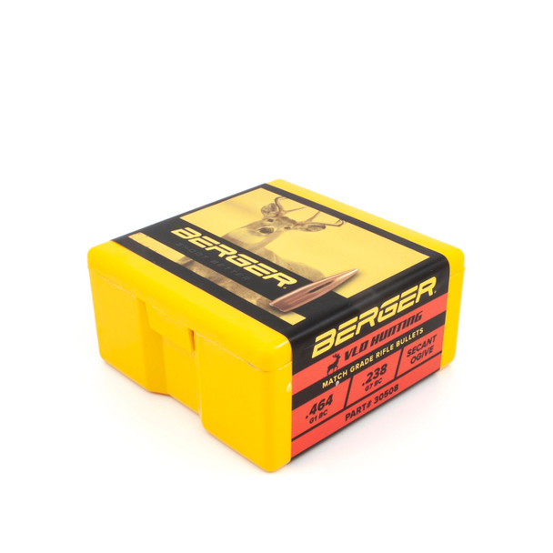 Compact yellow and red box of Berger VLD Hunting bullets, .30 caliber, 155gr, product number 30508, containing 100 bullets. The box is prominently labeled with details and an image depicting a hunting scenario, underscoring the bullet's design for precision and effectiveness in hunting applications.