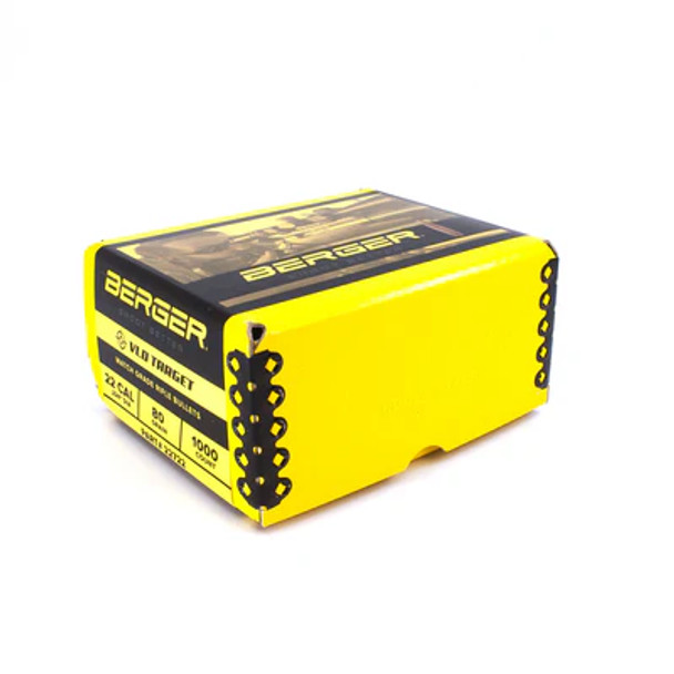 Bright yellow box of Berger VLD Target bullets, .22 caliber, 80gr, product number 22722, containing 1000 bullets. The packaging features tactical bullet graphics and precision markings along the side, emphasizing its high-volume capacity and the bullet's suitability for precision target shooting competitions.