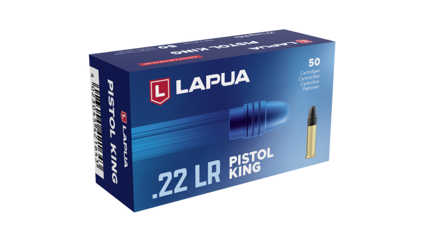 The image you provided shows a box of Lapua Pistol King .22 Long Rifle ammunition, marked with the product code 420164 and packaged in boxes of 50 rounds. This specific ammunition is tailored for pistol shooters looking for exceptional accuracy and performance. The design of the box, with its prominent Lapua branding and clear identification of the caliber and model, suggests a focus on quality and reliability for competitive shooting applications.