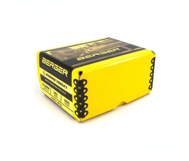 Bright yellow box of Berger Hybrid Target bullets, 6.5mm, 140gr, product number 26714, containing 500 bullets. The side of the box is adorned with precision bullet graphics and specific marking details, tailored for competitive target shooting, emphasizing its high capacity and effectiveness for long-range accuracy.