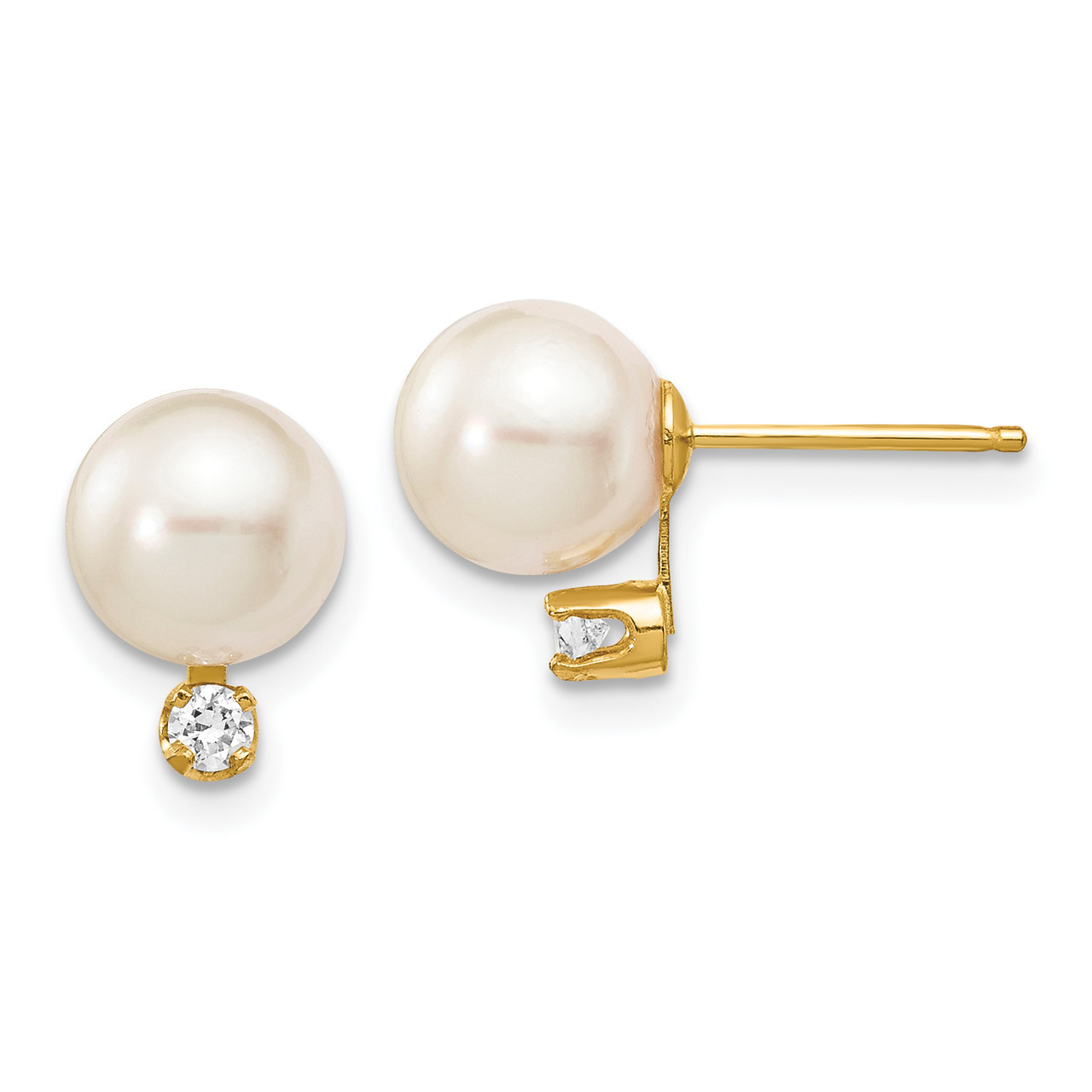 14k 7-8mm White Round Saltwater Akoya Cultured Pearl Diamond Post