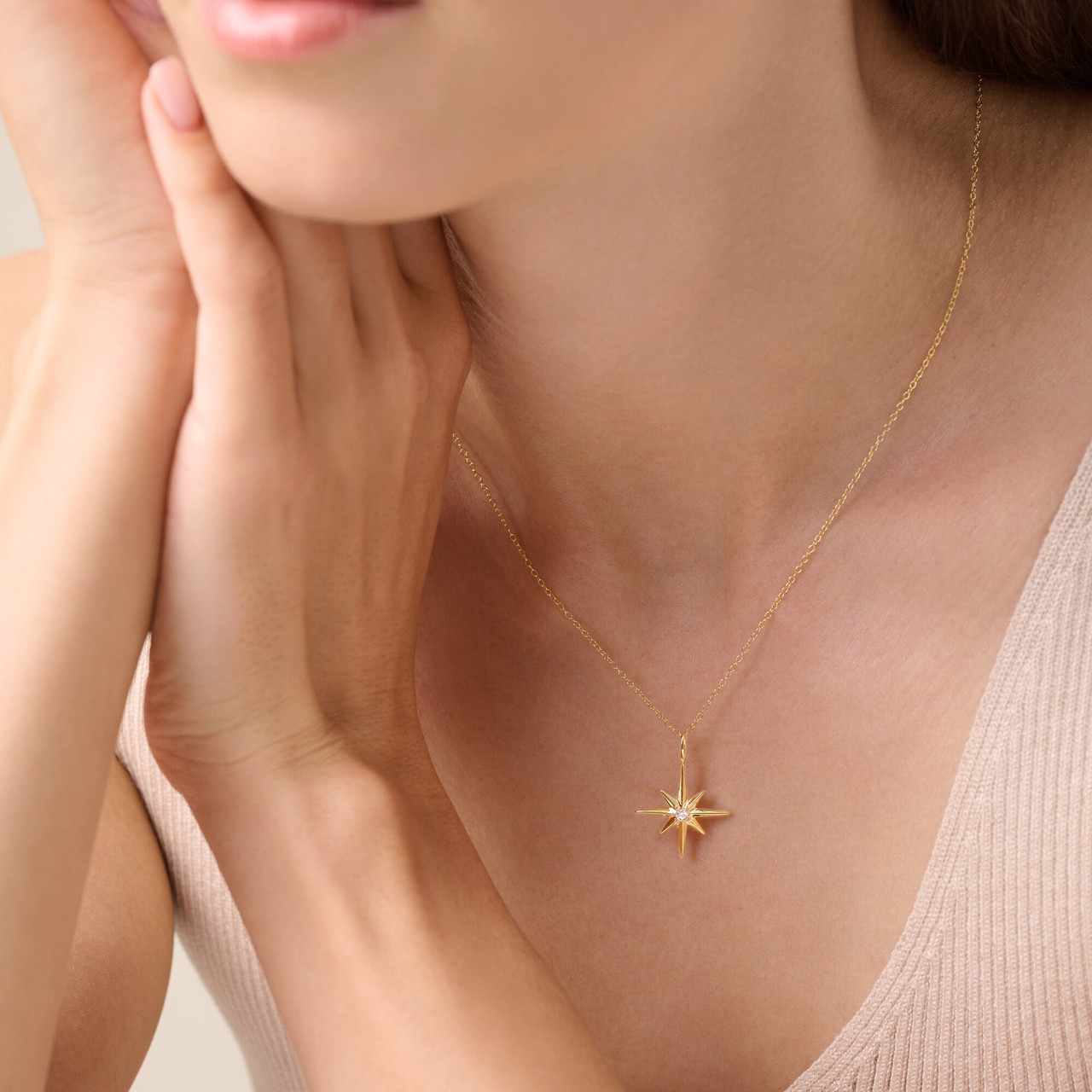 North Star Pendant Necklace 14K Yellow Gold Plated Sterling Silver