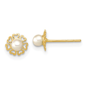 14KT Gold  Polished Small Heart Petals with FW Cultured Pear Post Earrings YE1950