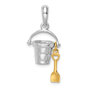 Sterling Silver Polished 3D Moveable Bucket w/14KT  Shovel Pendant
