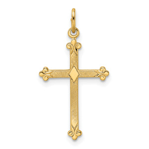 14KT  Polished and Textured Solid Diamond Shape Cross Pendant