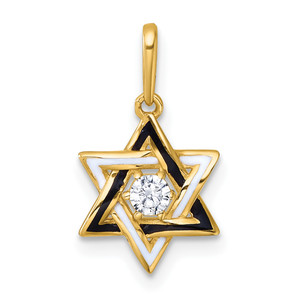 14KT  Polished Black and White Enameled and cubic zirconia  Star of David Charm / Pendant