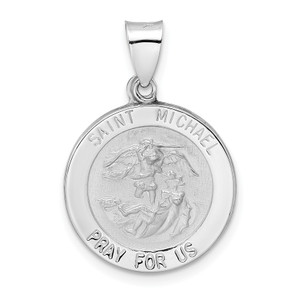 14KT  White Gold Polished and Satin Hollow St Michael Medal Pendant