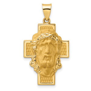 14KT  Polished and Satin Hollow Jesus Face Cross Pendant
