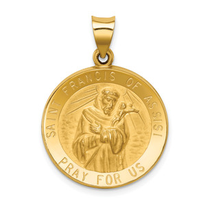 14KT  Polished and Satin St Francis of Assisi Medal Hollow Pendant
