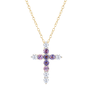 MN0086 - Lab-Created Gemstone & Diamond Cross Pendant Necklace in 14K Yellow Gold by Monte Luna