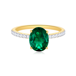 MR0097 - Lab-Created Emerald Oval Solitaire & Lab-Created Diamond Pave Band Ring in 14K Yellow Gold by Monte Luna