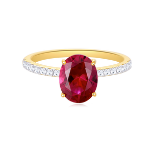 MR0095 - Lab-Created Ruby Oval Solitaire & Lab-Created Diamond Pave Band Ring in 14K Yellow Gold by Monte Luna