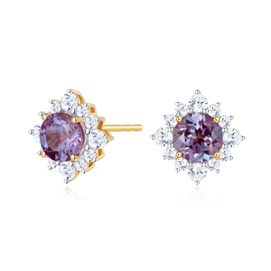ME0083 - Round-Cut Lab-Created Alexandrite & Diamond Sunburst Halo Stud Earrings in 14K Yellow Gold by Monte Luna