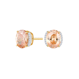 ME0099 - Oval-Cut Lab-Created Padparadscha & Diamond Side Halo Stud Earrings in 14K Yellow Gold by Monte Luna