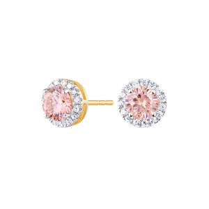 ME0093 - Round-Cut Genuine Morganite & Lab-Created Diamond Halo Stud Earrings in 14K Yellow Gold by Monte Luna