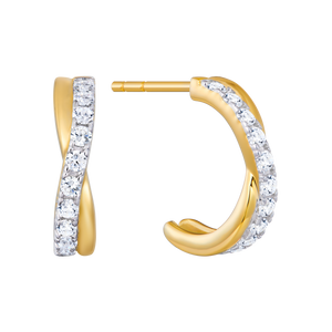 BE0160Y - Pave Crossover J-Hoop Stud Earrings in 14K Yellow Gold-Plated Sterling Silver