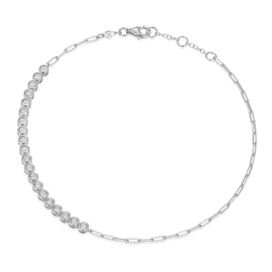 BA0239W - Mini Paperclip Chain & Bezel-Set Lab-Created Diamond Anklet in Rhodium-Plated Sterling Silver
