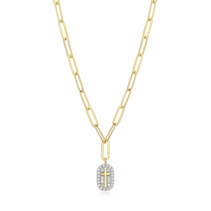 BN0171Y - Cross Tag Pendant Lab-Created Diamond Paperclip Necklace in 14K Gold & Rhodium-Plated Sterling Silver
