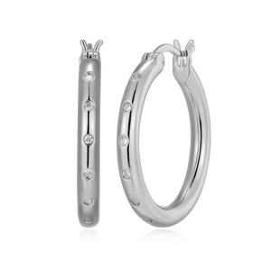 BE0196W - Slim Bezel-Set Lab-Created Diamond Hoop Earrings in Rhodium-Plated Sterling Silver