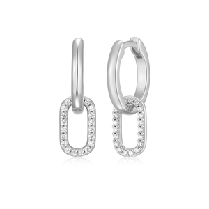 BE0081W - Oval Drop Huggie Earrings in Rhodium-Plated Sterling Silver
