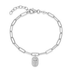 BB0171W - Cross Tag Pendant Lab-Created Diamond Paperclip Bracelet in Rhodium-Plated Sterling Silver