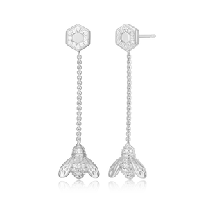 BE0034W - Honey Bee Dangle Stud Earrings in Rhodium-Plated Sterling Silver