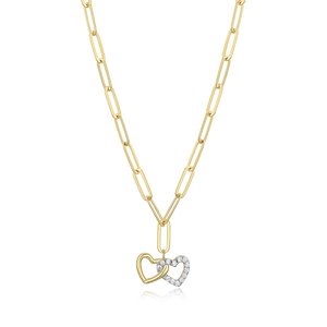 BN0172Y - Twin Heart Pendant Lab-Created Diamond Paperclip Necklace in 14K Gold & Rhodium-Plated Sterling Silver