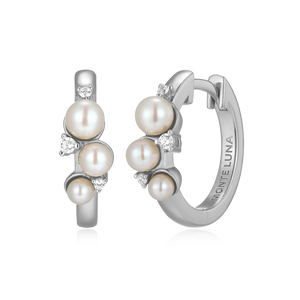 BE0192W - Scattered Genuine Pearl & Lab-Created Diamond Huggie Earrings in Rhodium-Plated Sterling Silver