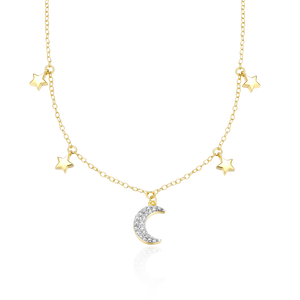 BN0152Y - Dangling Moon & Stars Necklace in 14K Yellow Gold-Plated Sterling Silver