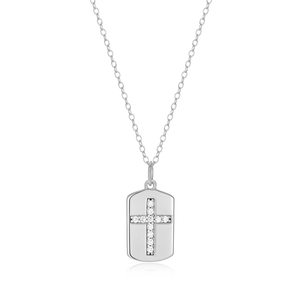 BN0215W - Cross Tag Lab-Created Diamond Pendant Necklace in Rhodium-Plated Sterling Silver