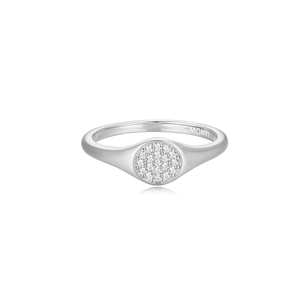 BR0073W - Lab-Created Diamond Pave Circle Signet Ring in Rhodium-Plated Sterling Silver