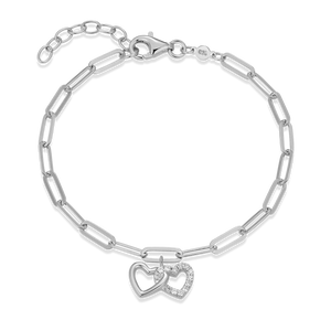 BB0172W - Twin Heart Pendant Lab-Created Diamond Paperclip Bracelet in Rhodium-Plated Sterling Silver