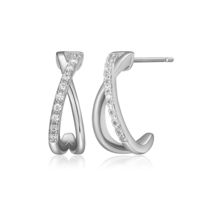 BE0087W - Crossover J-Hoop Stud Earrings in Rhodium-Plated Sterling Silver