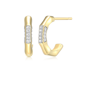 BE0067Y - Bamboo J-Hoop Stud Earrings in 14K Yellow Gold-Plated Sterling Silver