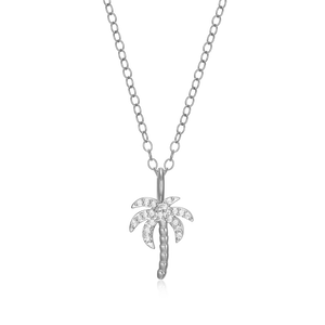 BN0181W - Pave Palm Tree Lab-Created Diamond Pendant Necklace in Rhodium-Plated Sterling Silver